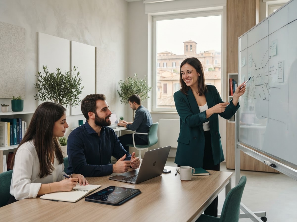 IntesaAI: analista che osserva dati finanziari su schermo in un ambiente di lavoro ordinato